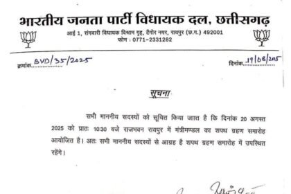 छत्तीसगढ़ में बुधवार को होगा साय मंत्रिमंडल का विस्तार, तीन नए चेहरों को मिलेगा मौका; गजेंद्र यादव, गुरु खुशवंत साहेब और राजेश अग्रवाल के नाम लगभग तय